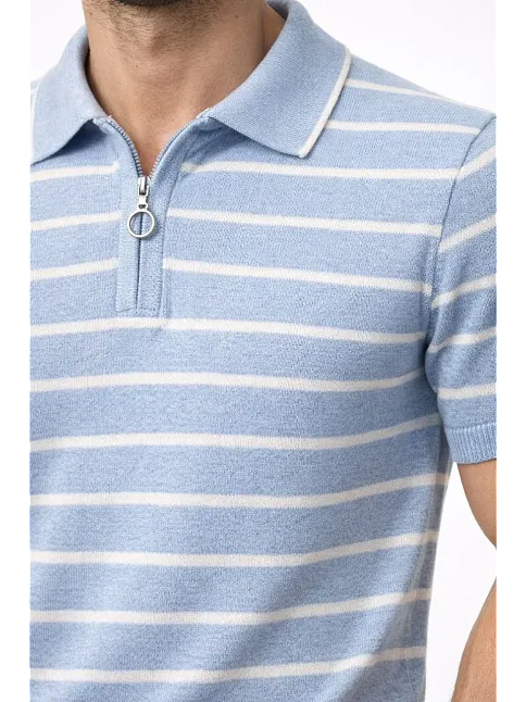 Erkek Triko Polo Yaka Fermuarlı Çizgili Tişört T-shirt Yazlık Şık - Bebek Mavisi