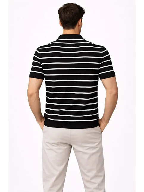 Erkek Triko Polo Yaka Fermuarlı Çizgili Tişört T-shirt Yazlık Şık - Siyah