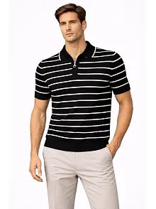 Erkek Triko Polo Yaka Fermuarlı Çizgili Tişört T-shirt Yazlık Şık - Siyah