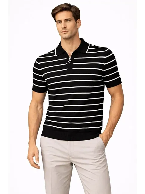 Erkek Triko Polo Yaka Fermuarlı Çizgili Tişört T-shirt Yazlık Şık - Siyah