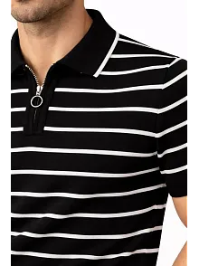 Erkek Triko Polo Yaka Fermuarlı Çizgili Tişört T-shirt Yazlık Şık - Siyah