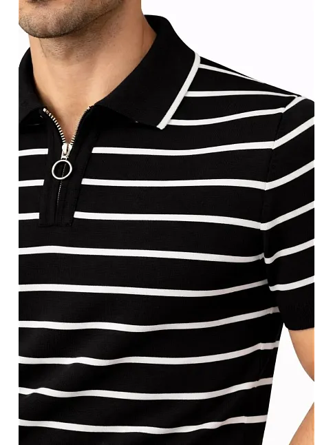 Erkek Triko Polo Yaka Fermuarlı Çizgili Tişört T-shirt Yazlık Şık - Siyah