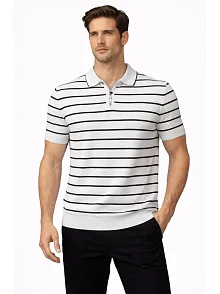 Erkek Triko Polo Yaka Fermuarlı Çizgili Tişört T-shirt Yazlık Şık - Beyaz