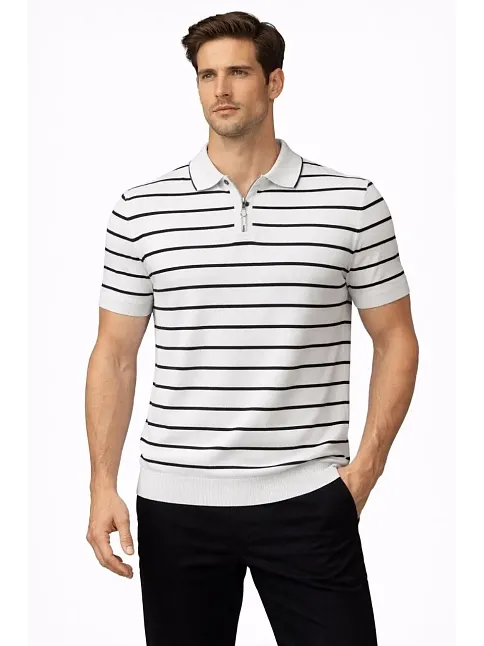 Erkek Triko Polo Yaka Fermuarlı Çizgili Tişört T-shirt Yazlık Şık - Beyaz