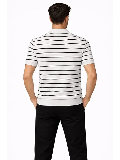 Erkek Triko Polo Yaka Fermuarlı Çizgili Tişört T-shirt Yazlık Şık - Beyaz