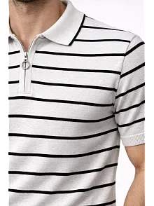 Erkek Triko Polo Yaka Fermuarlı Çizgili Tişört T-shirt Yazlık Şık - Beyaz