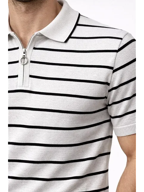 Erkek Triko Polo Yaka Fermuarlı Çizgili Tişört T-shirt Yazlık Şık - Beyaz