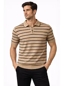 Erkek Triko Polo Yaka Fermuarlı Çizgili Tişört T-shirt Yazlık Şık - Kahverengi