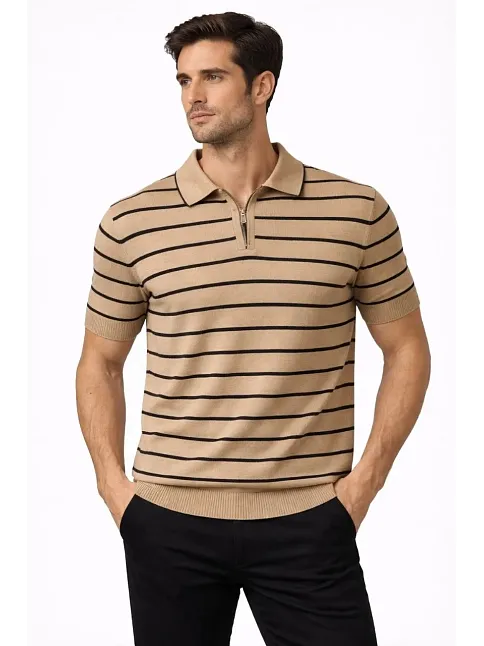 Erkek Triko Polo Yaka Fermuarlı Çizgili Tişört T-shirt Yazlık Şık - Kahverengi