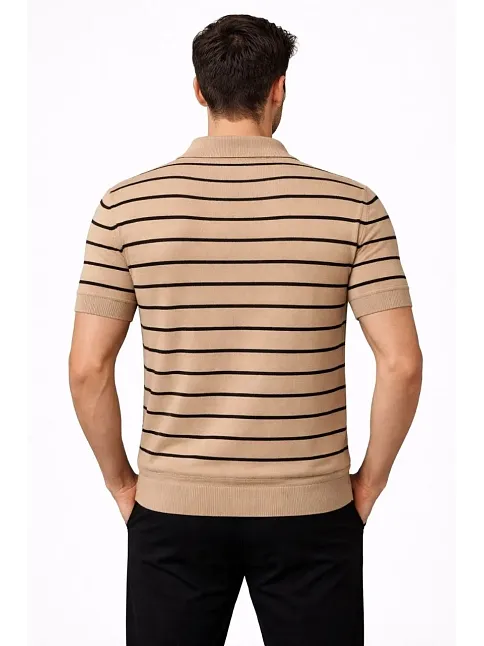 Erkek Triko Polo Yaka Fermuarlı Çizgili Tişört T-shirt Yazlık Şık - Kahverengi