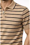 Erkek Triko Polo Yaka Fermuarlı Çizgili Tişört T-shirt Yazlık Şık - Kahverengi