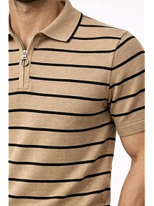 Erkek Triko Polo Yaka Fermuarlı Çizgili Tişört T-shirt Yazlık Şık - Kahverengi