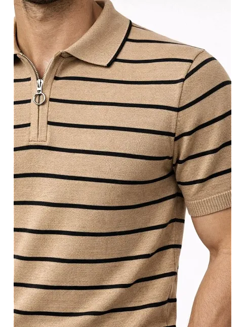 Erkek Triko Polo Yaka Fermuarlı Çizgili Tişört T-shirt Yazlık Şık - Kahverengi