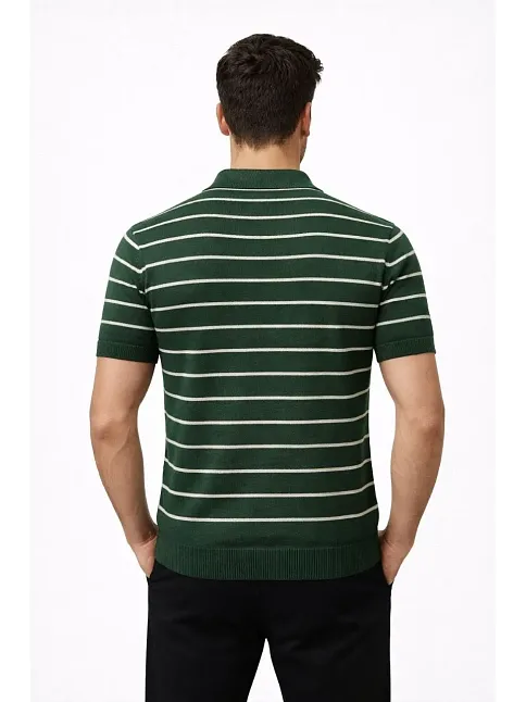 Erkek Triko Polo Yaka Fermuarlı Çizgili Tişört T-shirt Yazlık Şık - Yeşil