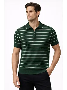 Erkek Triko Polo Yaka Fermuarlı Çizgili Tişört T-shirt Yazlık Şık - Yeşil