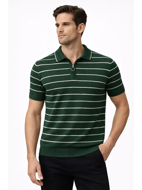 Erkek Triko Polo Yaka Fermuarlı Çizgili Tişört T-shirt Yazlık Şık - Yeşil