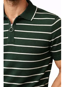 Erkek Triko Polo Yaka Fermuarlı Çizgili Tişört T-shirt Yazlık Şık - Yeşil