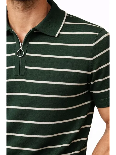 Erkek Triko Polo Yaka Fermuarlı Çizgili Tişört T-shirt Yazlık Şık - Yeşil