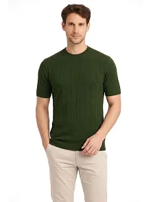 Erkek Yazlık Fitilli Triko Tişört Kısa Kol Bisiklet Yaka T-shirt - Haki
