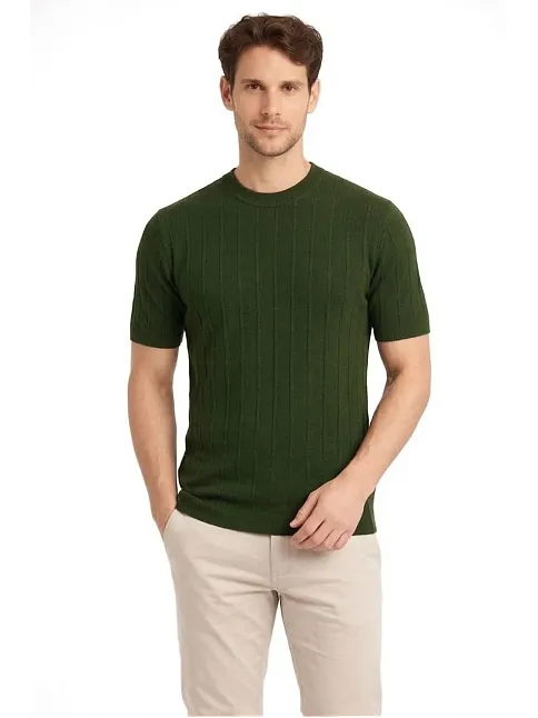 Erkek Yazlık Fitilli Triko Tişört Kısa Kol Bisiklet Yaka T-shirt - Haki