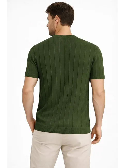 Erkek Yazlık Fitilli Triko Tişört Kısa Kol Bisiklet Yaka T-shirt - Haki