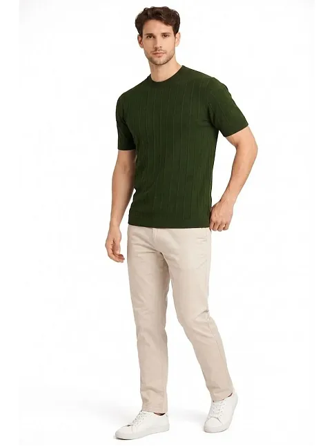 Erkek Yazlık Fitilli Triko Tişört Kısa Kol Bisiklet Yaka T-shirt - Haki