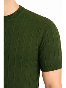 Erkek Yazlık Fitilli Triko Tişört Kısa Kol Bisiklet Yaka T-shirt - Haki