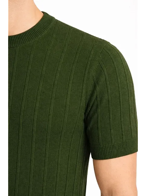Erkek Yazlık Fitilli Triko Tişört Kısa Kol Bisiklet Yaka T-shirt - Haki