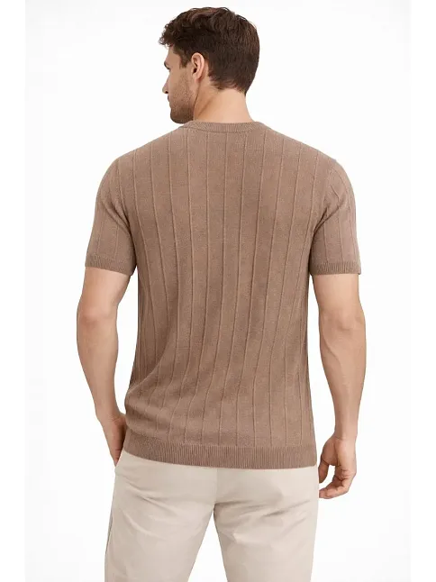 Erkek Yazlık Fitilli Triko Tişört Kısa Kol Bisiklet Yaka T-shirt - Kahverengi