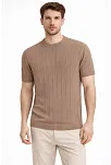 Erkek Yazlık Fitilli Triko Tişört Kısa Kol Bisiklet Yaka T-shirt - Kahverengi