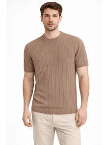 Erkek Yazlık Fitilli Triko Tişört Kısa Kol Bisiklet Yaka T-shirt - Kahverengi