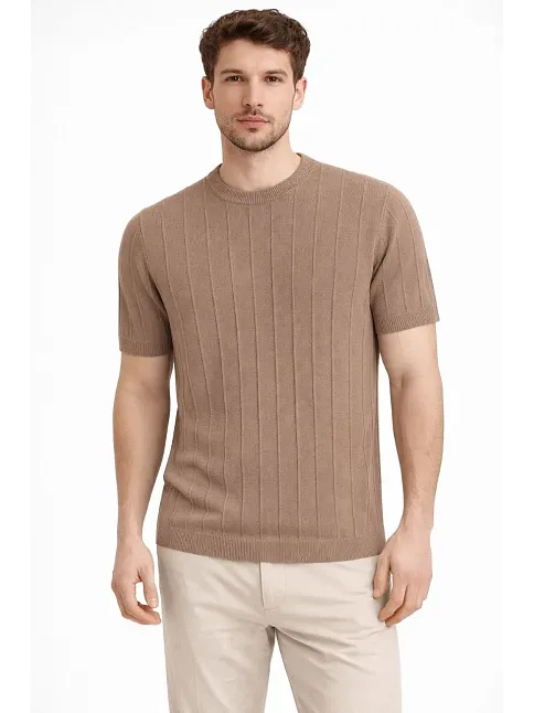 Erkek Yazlık Fitilli Triko Tişört Kısa Kol Bisiklet Yaka T-shirt - Kahverengi