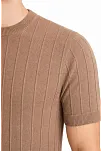 Erkek Yazlık Fitilli Triko Tişört Kısa Kol Bisiklet Yaka T-shirt - Kahverengi