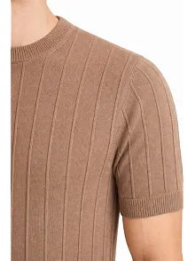 Erkek Yazlık Fitilli Triko Tişört Kısa Kol Bisiklet Yaka T-shirt - Kahverengi