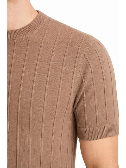 Erkek Yazlık Fitilli Triko Tişört Kısa Kol Bisiklet Yaka T-shirt - Kahverengi