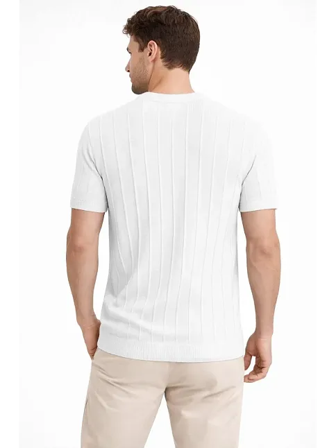 Erkek Yazlık Fitilli Triko Tişört Kısa Kol Bisiklet Yaka T-shirt - Beyaz