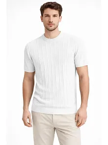 Erkek Yazlık Fitilli Triko Tişört Kısa Kol Bisiklet Yaka T-shirt - Beyaz
