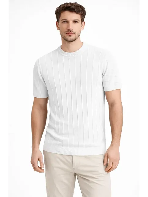Erkek Yazlık Fitilli Triko Tişört Kısa Kol Bisiklet Yaka T-shirt - Beyaz