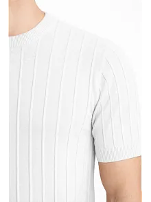 Erkek Yazlık Fitilli Triko Tişört Kısa Kol Bisiklet Yaka T-shirt - Beyaz