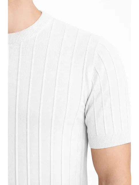 Erkek Yazlık Fitilli Triko Tişört Kısa Kol Bisiklet Yaka T-shirt - Beyaz