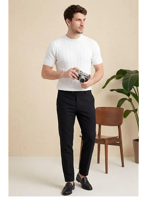 Erkek Yazlık Fitilli Triko Tişört Kısa Kol Bisiklet Yaka T-shirt - Beyaz