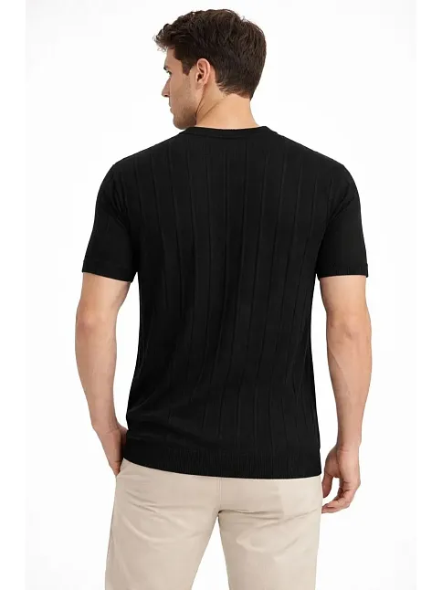 Erkek Yazlık Fitilli Triko Tişört Kısa Kol Bisiklet Yaka T-shirt - Siyah