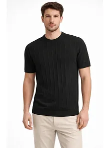 Erkek Yazlık Fitilli Triko Tişört Kısa Kol Bisiklet Yaka T-shirt - Siyah