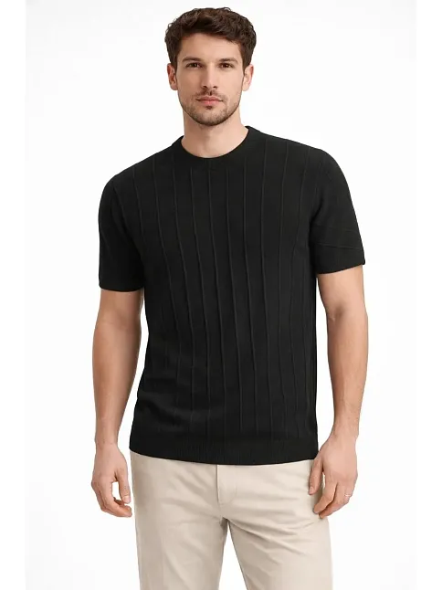 Erkek Yazlık Fitilli Triko Tişört Kısa Kol Bisiklet Yaka T-shirt - Siyah