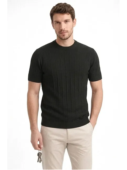 Erkek Yazlık Fitilli Triko Tişört Kısa Kol Bisiklet Yaka T-shirt - Siyah