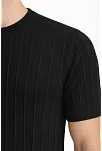 Erkek Yazlık Fitilli Triko Tişört Kısa Kol Bisiklet Yaka T-shirt - Siyah