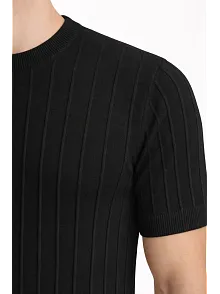 Erkek Yazlık Fitilli Triko Tişört Kısa Kol Bisiklet Yaka T-shirt - Siyah
