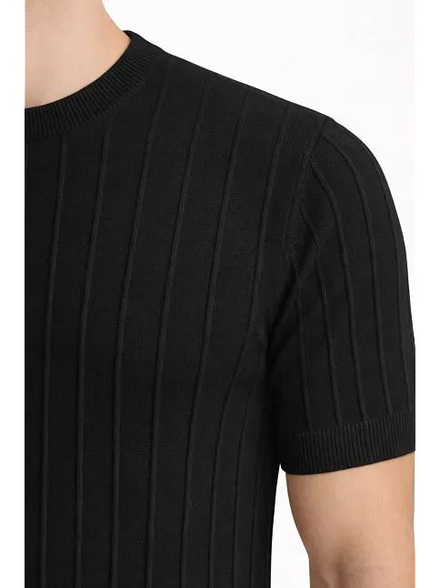 Erkek Yazlık Fitilli Triko Tişört Kısa Kol Bisiklet Yaka T-shirt - Siyah