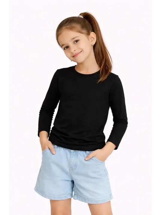 Kız Çocuk Basic Uzun Kollu Tişört Okul Günlük Rahat T-shirt - Siyah