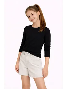 Kız Çocuk Basic Uzun Kollu Tişört Okul Günlük Rahat T-shirt - Siyah